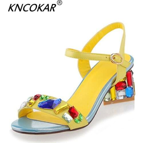On Sale New Arrival Women Sandals Crystal Buckle Square Heels Shoes Sweet Simple Summer Shoes Party Prom Shoes Woman Size 34-43