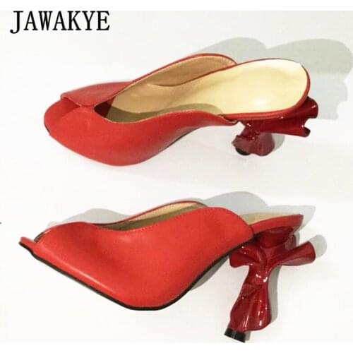 Sexy Red Leather Slippers Women Peep Toe Strange High Heels Pumps Women Summer Runway Party Shoes Fashion Brand Sandals Woman