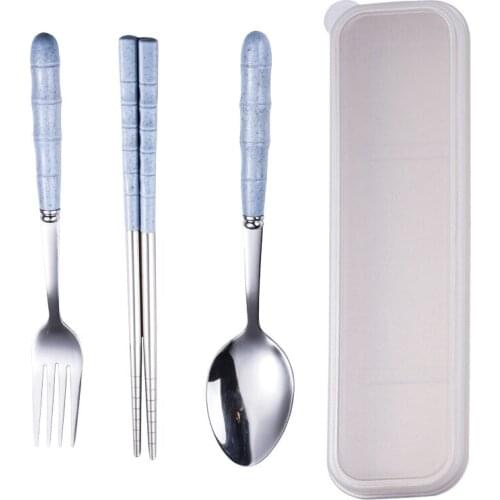 Stainless Steel Portable Tableware Set Fork Spoon Chopsticks Bamboo Portable Tableware Kitchen Supplies
