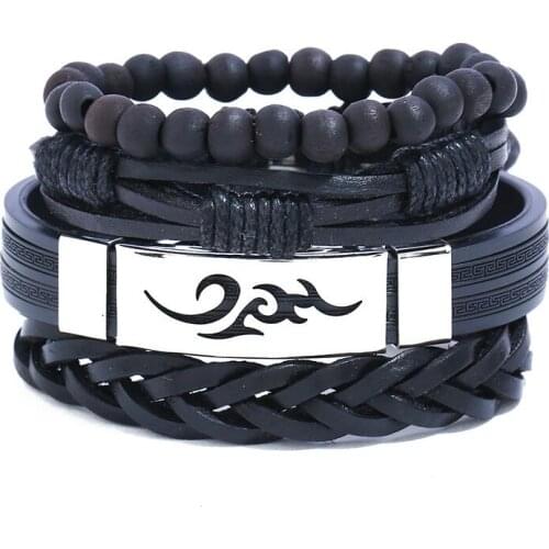 Vintage Ethnic Fashion Black Beads Bracelets Fire Flame Silicone Charm Braided Leather Wristbands Stainless Steel Bangle Jewelry