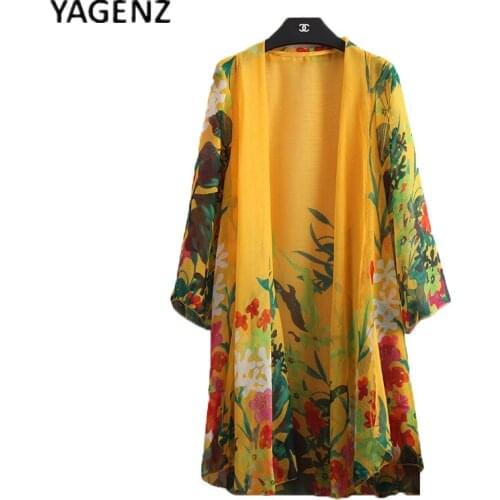 Sun Shirt Women Clothes 2021 Summer Sun Print Chiffon Shirt Three Quarter Sleeves Loose Large Size Long Paragraph Cardigan