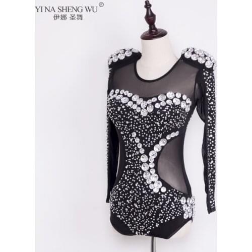 Luxury Pearls Rhinestones Long Sleeve Jazz Dance Costume Jumpsuit Women Sexy Performance Stage Jazz Dance Dress Competition Wear