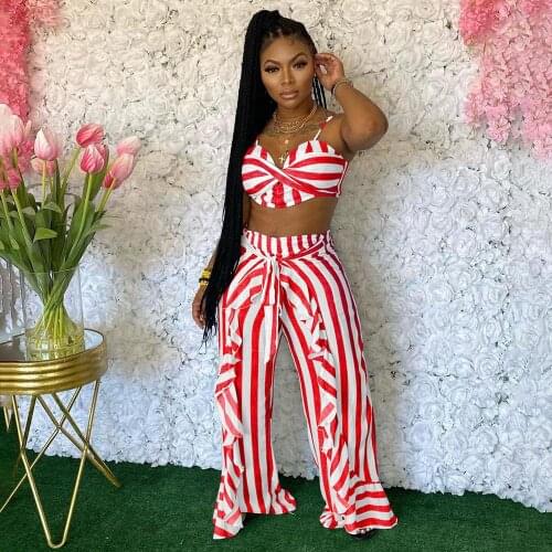 Strip Printed 2 Pieces Matching Sets Casual Outfits Womens Thin Straps V Neck Vest Crop Top Ruffled Long Loose Pants with Belts