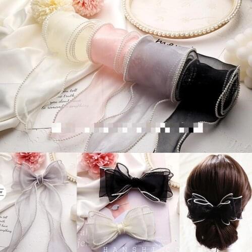 1m 45mm Organza Ribbon With Pearl Beaded Ribbons Bow Knot Hair Accessories Wedding Decor Diy Handmade Material