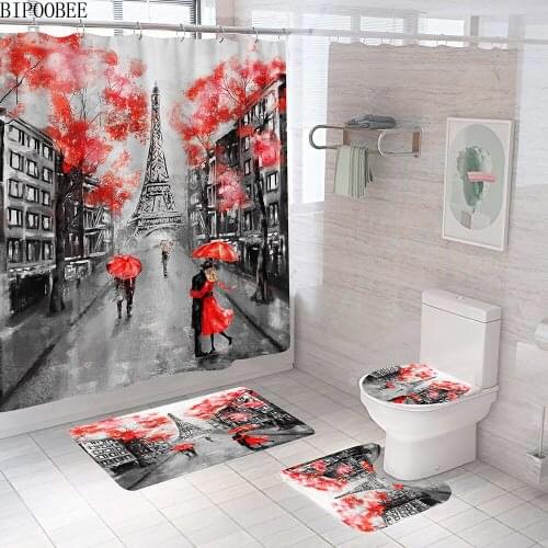 3D Paris Tower Landscape Bathroom Shower Curtain and Rug Sets Fabric Bath Curtains Flannel Toilet Cover Anti Slip Pedestal Rug