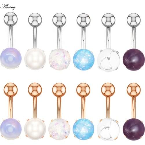 Alisouy 1pc Women Navel Button Rings 316L Stainless Steel Opal Stone Sexy Belly Navel Piercing Ring Ombligo Nombril Body Jewelry