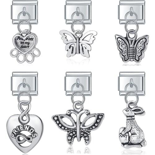 Hapiship 2021 Fashion Butterfly Rabbit Heart Claws Italian Links Charm Fit 9mm Stainless Steel Bracelet Jewelry DIY Making DJ390