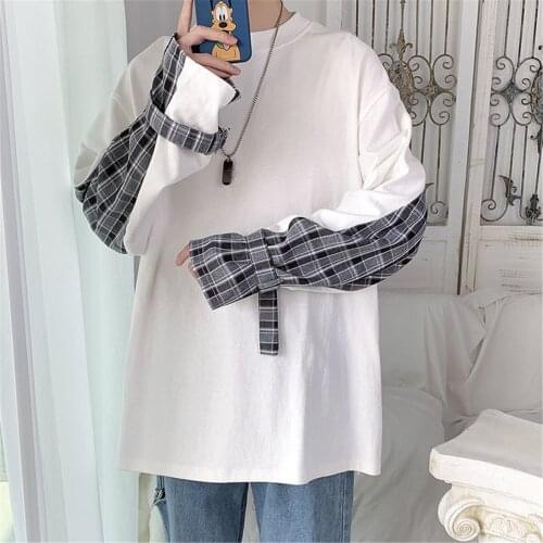 White Cotton T-Shirt Boys Patchwork Autumn Tops Long Sleeve Men T Shirt Fashion Gothic Japan Hip Hop Funny Vintage T Shirt Girls