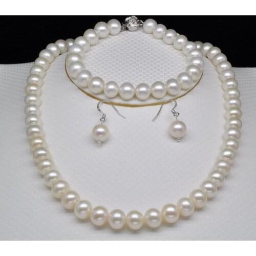 Free shipping charm Jew.656 white 9-10mm Round pearl necklace&bracelet&earring