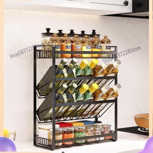 Kitchen shelf floor multi-layer black stainless steel perforation-free storage rack three-layer inclined seasoning shelf
