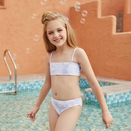 Girls Bikini Summer New Children Swimsuit Small Fresh Solid Color Fashion Printed Strap Girls Swimsuit Set