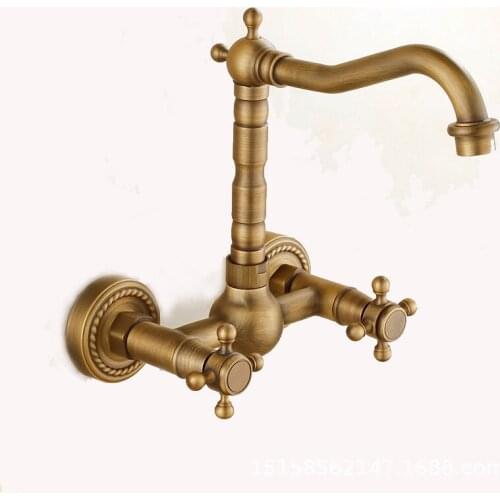 European copper home decoration antique simple wall kitchen faucet rotatable kitchen sink hot and cold water faucet
