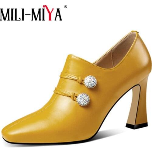 MILI-MIYA Women Cow Leather Pumps 8cm High Heels Zipper 3 Colors Square Heels Pointed Toe Offical Shoes For Females Handmade