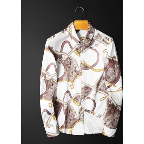 Keychain Belt Printed Shirt Men 2020 New Mens Casual Slim Fit Chemise Homme Manche Longue Plus Size 5xl Button Up Club Shirt