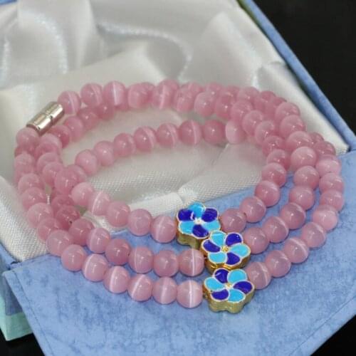 New design fashion long chain 6mm pink cat eyes semi-precious stone round beads 3rows multilayer bracelets magnetic clasps B2760