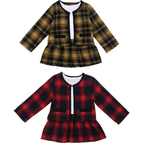 Citgeett Autumn Christmas Baby Girls Lovely Dress Coat 2Pcs Sets Plaid Print Long Sleeve Dress Tops+Coat Party New Year Suits