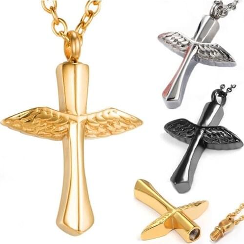 1PC Funeral Angel Wings Cross Memorial Necklace Stainless Steel Urn Vial Pendant Necklace For Ashes Cremation Keepsake Jewelry