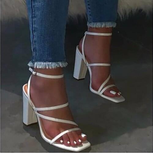 2021 Summer Elegant Ladies White High Heel Sandals Retro Simple Sandals Women Square Open Toe Thin Belt Women Sandals