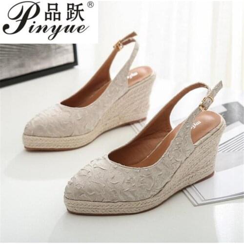 High Heel Buckle Wedge Shoes Retro Embroidery Women Sandals Female Pointed Toe Slippers High-heeled Espadrilles Straw