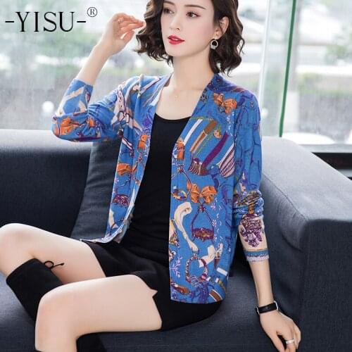 YISU Sweater Cardigan women Autumn Winter print cardigan Single-breasted V-neck Long sleeve Knitted Sweater Coat Women cardigan