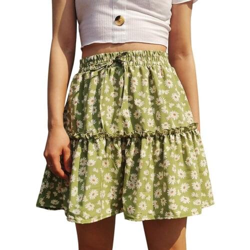 Summer Boho Daisy Print High Waist Ruffle Bandage Skirt Women Casual Loose Streetwear Beach Plus Size Fresh Pleated Skirts