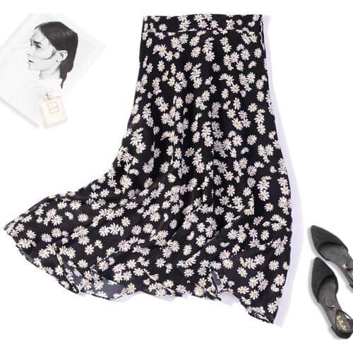 Womens 100% Real Mulberry Silk Daisy Print Crepe silk Fishtail Midi Pencil Long Skirt JN666