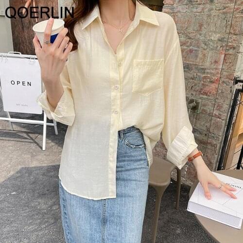 QOERLIN Womens Tops Blouses Solid White Summer Blouse Office Shirt Blusas Mujer De Moda 2021 Long Sleeve Women Shirts Clothes