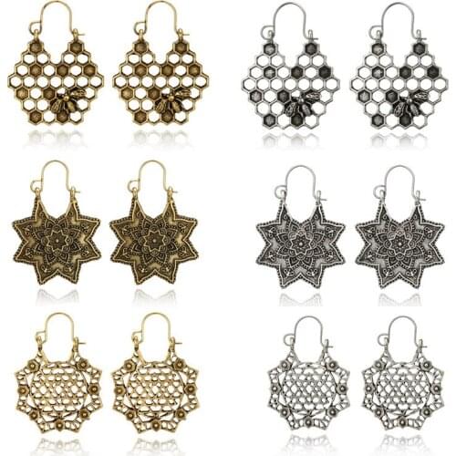 Bohemian 6 Style Vintage Antique Silver Color Earrings for Women Hollow Carve Flowers Gypsy Tribal Ethnic Dangle Earrings серьги