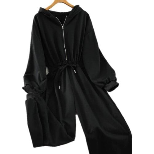 Lazy style simple casual Jumpsuit Womens Autumn New hooded waist bandage Fashion sports Jumpsuit Womens solid color Jumpsuit