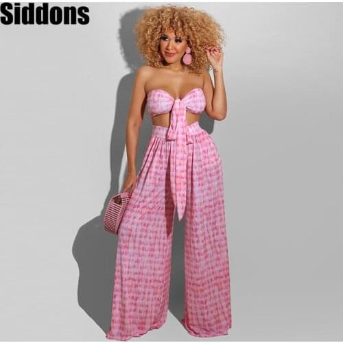 Two Pieces Sets Women Strapless Bow Design Top & Wide Leg Pants Top and Wide Leg Pants Set Sexy Two Piece Sets Outfits Club Wear