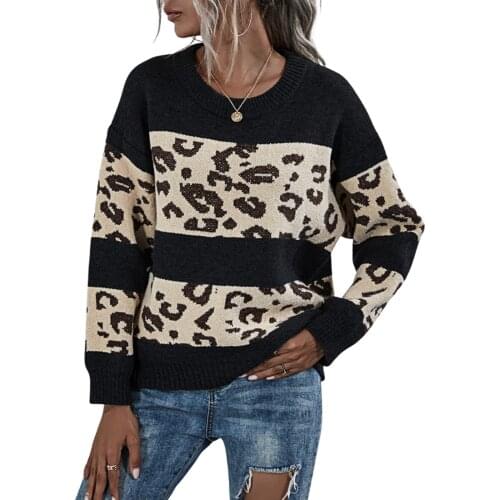 High Quality Women Casual Style Sweater Autumn and Winter Adults Long Sleeve Round Neck Leopard Pullover