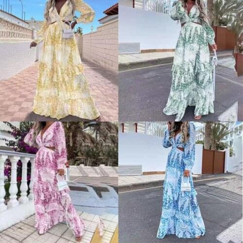 Sexy Hollow Out Boho Beach Long Dress Deep V Neck Autumn Womens Dress 2021 New Print Large Hem Long Sleeve Ladies Maxi Dresses