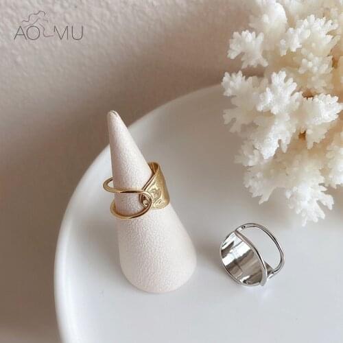 AOMU 2020 New Geometric irregular Minimalist Simple Asymmetry Wide Glossy Opening Adjustable Metal Finger Ring for Women Jewelry