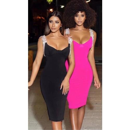 2018 women new fashion High Quality black white red hot pink diamonds Bandage Dress Cocktail Party Dress wholesale dropship