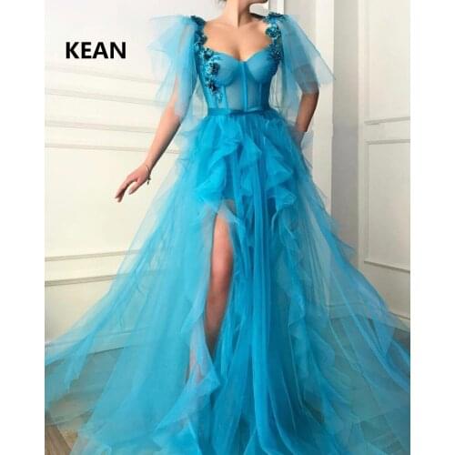 Blue Evening Dress Spaghetti Straps Applique Slit Robe De Soiree Islamic Dubai Kaftan Saudi Arabic Prom Dress vestidos