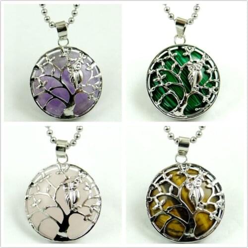 Natural Stone Quartz Crystal Opalite Pendant Silver Color Bird Owl on Tree of Life Round Shaped etc Reiki Jewelry Necklace 1PC