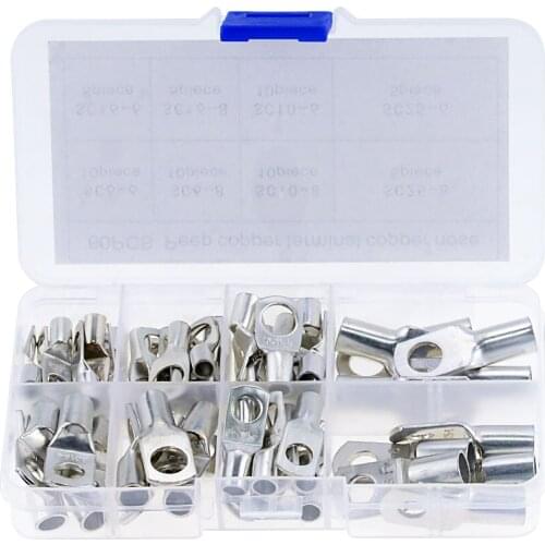 60PCS Silvery SC Bare Terminals Lug Tinned Tube Ring Seal Battery Wire Connectors Bare Cable Crimped/Soldered Terminal Kit