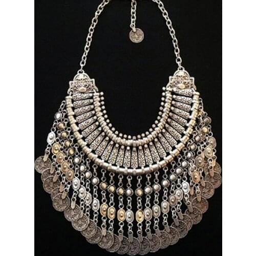 Fashion Bohemian Collars Choker Chic Ethnic Indian Jewelry Sets Gypsy Boho Vintage Tassel Coin Statement Necklace Earrings Women