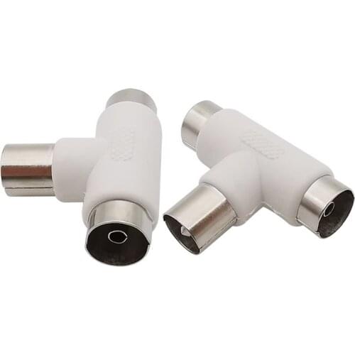 White T Type 2 Way TV Splitter Aerial Connector TV Male Plug to 2x Female Jack RF Coaxial Cable Antenna Socket Connector TV Plug