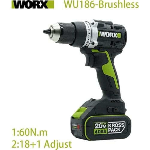 WORX Professional Tool WU186 20V 60Nm Brushless Motor Cordless Electric Drill With Rechargerable 2 battery and 1 Charger