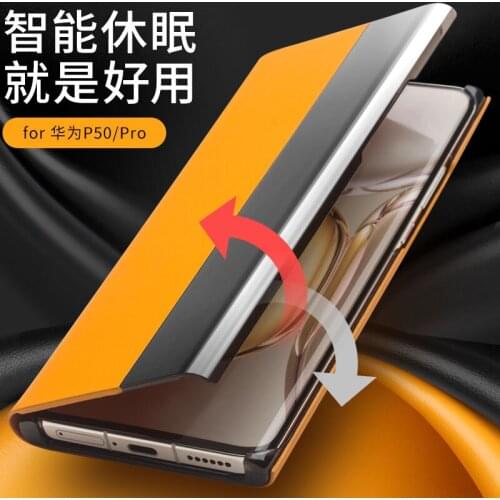 Smart Auto Sleep Wake Up Genuine Leather Flip Cover Phone Case For Huawei P50 Pro Full Grain Cow Skin View Window Free Shipping