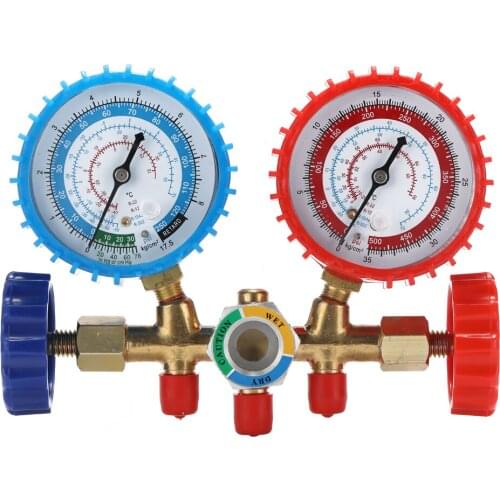 3 Way Refrigerant Gauge AC Diagnostic Manifold Freon Gauge for R134A R12 R22 R502 Refrigerants with Couplers and Acme Adapter