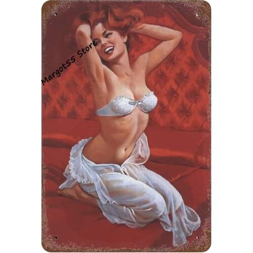 Retro Pin Up Girl 1950s Sexy Redhead Lingerie Woman Getting Up Painting Wall Poster for Garage Living Room Bedroom Cafe Bar Club