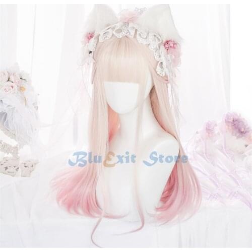 Gradient Light Pink Lolita Wig Harajuku Fairy Cute Long Straight Bangs Synthetic Hair Adult Sweet Girls Youtuber Daily Wear 503