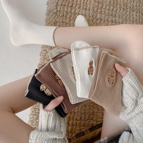 Cartoon Bear Embroidery Cotton Socks Women Middle Tube Cute Animal Socks 2021 Autumn Winter Female Breathable Casual Long Socks