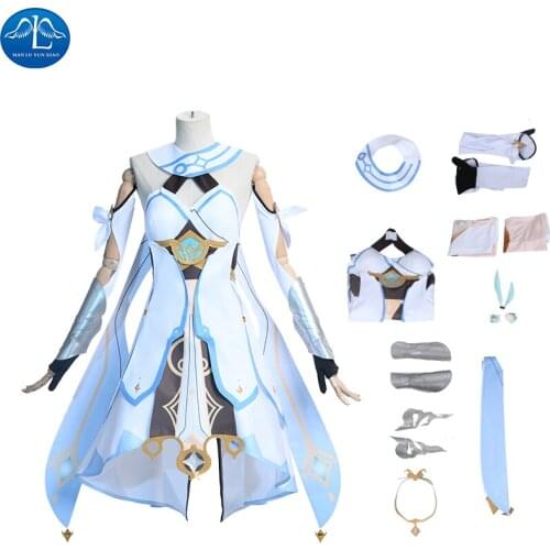 Genshin Impact Cosplay Costume Traveler Lumine Cosplay Costume Women White Costume Halloween Dress Stocking Belt Suit