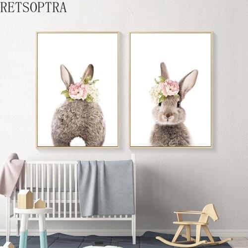 Cute Rabbit BunnyTail Flower Wall Art Printing Picture Animal Nursery Decor Canvas Painting Poster Lovely Kids Room Decor