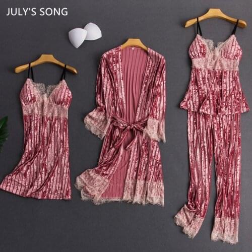 JULYS SONG NEW Velvet 4 Pieces Pajamas Set Fashion Stripe Elegant Warm Sexy Lace Sling Pajamas Autumn Winter Sleepwear Female