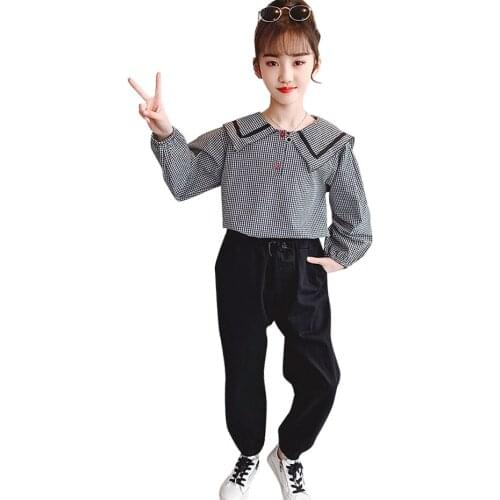 Clothes For Girls Plaid Pattern Girl Clothes Blouse + Pants Girl Outfit Spring Autumn Childrens Costume 6 8 10 12 14