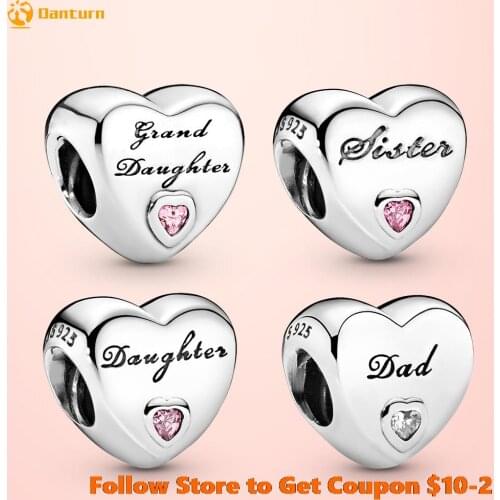 New 925 Sterling Silver Beads Sister Daughter Family Heart Charms fit Original Pandora Bracelets Women DIY Jewelry